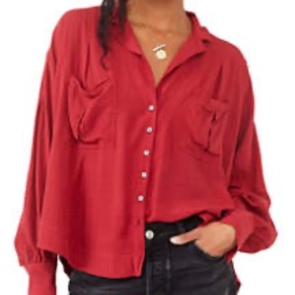 Women's Red Button-Front Oversized Blouse